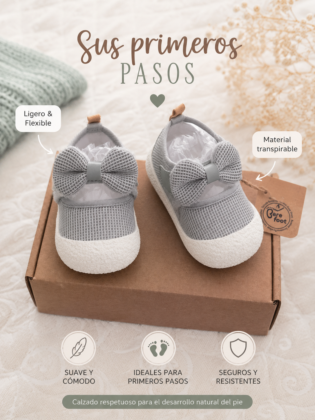 Merceditas Barefoot Rosa para Bebé | Lazo | Primeros Pasos | Calzado Respetuoso